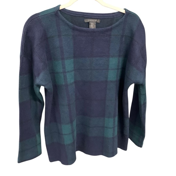 Tahari Women’s Sweater Blue and Green Plaid Scoop Neck Size XL - Picture 1 of 8
